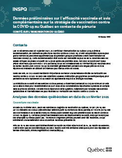Données préliminaires sur l’efficacité vaccinale et avis complémentaire sur la stratégie de vaccination contre la COVID-19 au Québec en contexte de pénurie